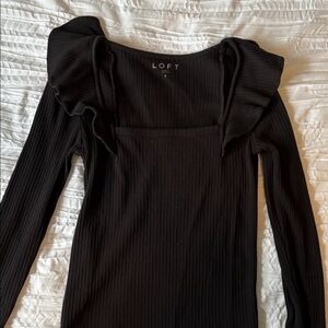 LOFT Black Ribbed Long Sleeve Square-Neck Top with Ruffle Shoulders